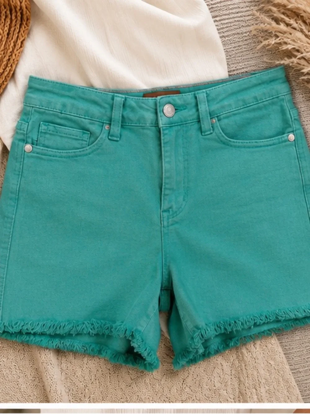Judy Blue Aqua Garment Dyed Mid Rise Frayed Hem Denim Shorts